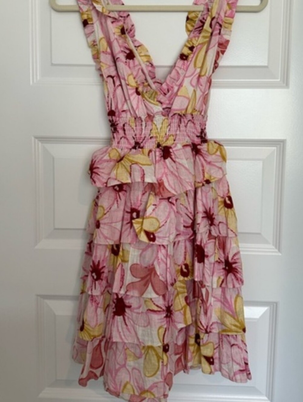 Revolve Sundress Lolita Floral Linen Ruffled Tired Mini Dress Size L - Picture 4 of 5